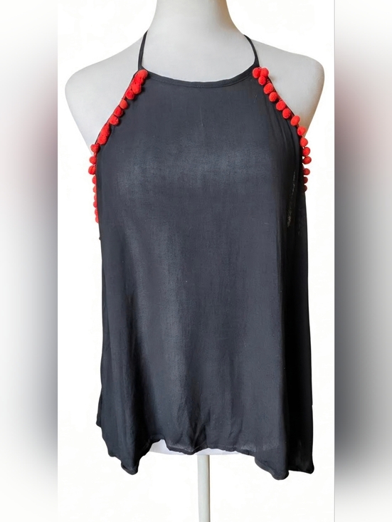 2 Hearts Tops - Y2K Vintage Halter Swing Tank Womens L Black w Red Pom-Trim Dark Boho Lightweigh